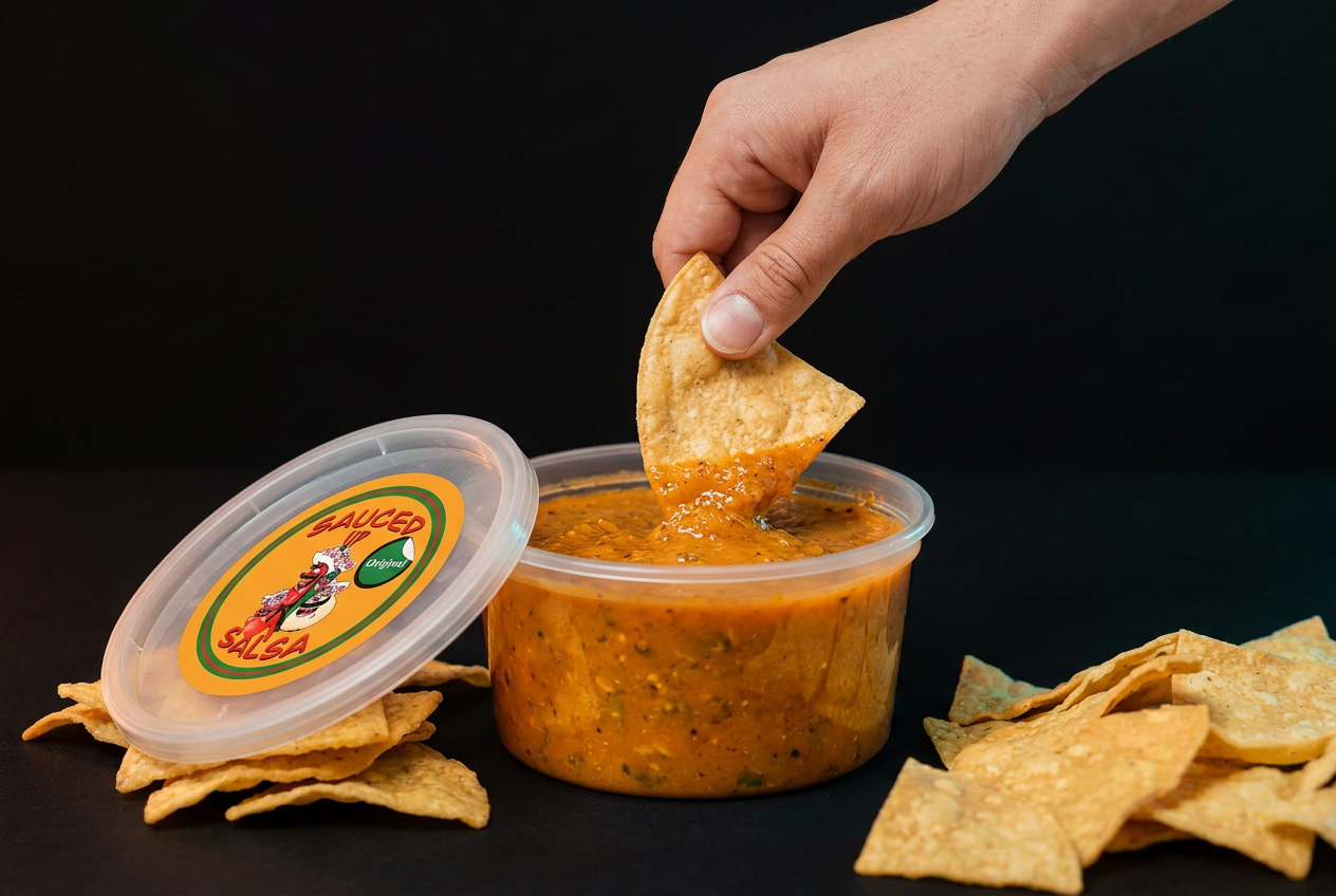 Hand dipping a tortilla chip into an open tub of Sauced Up Salsa Original